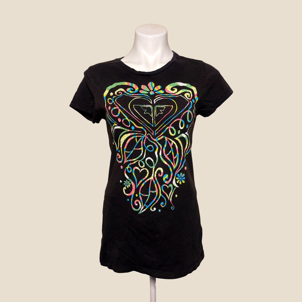 Y2K Roxy Black Graphic Tee Neon Heart Logo Surf T-Shirt #15